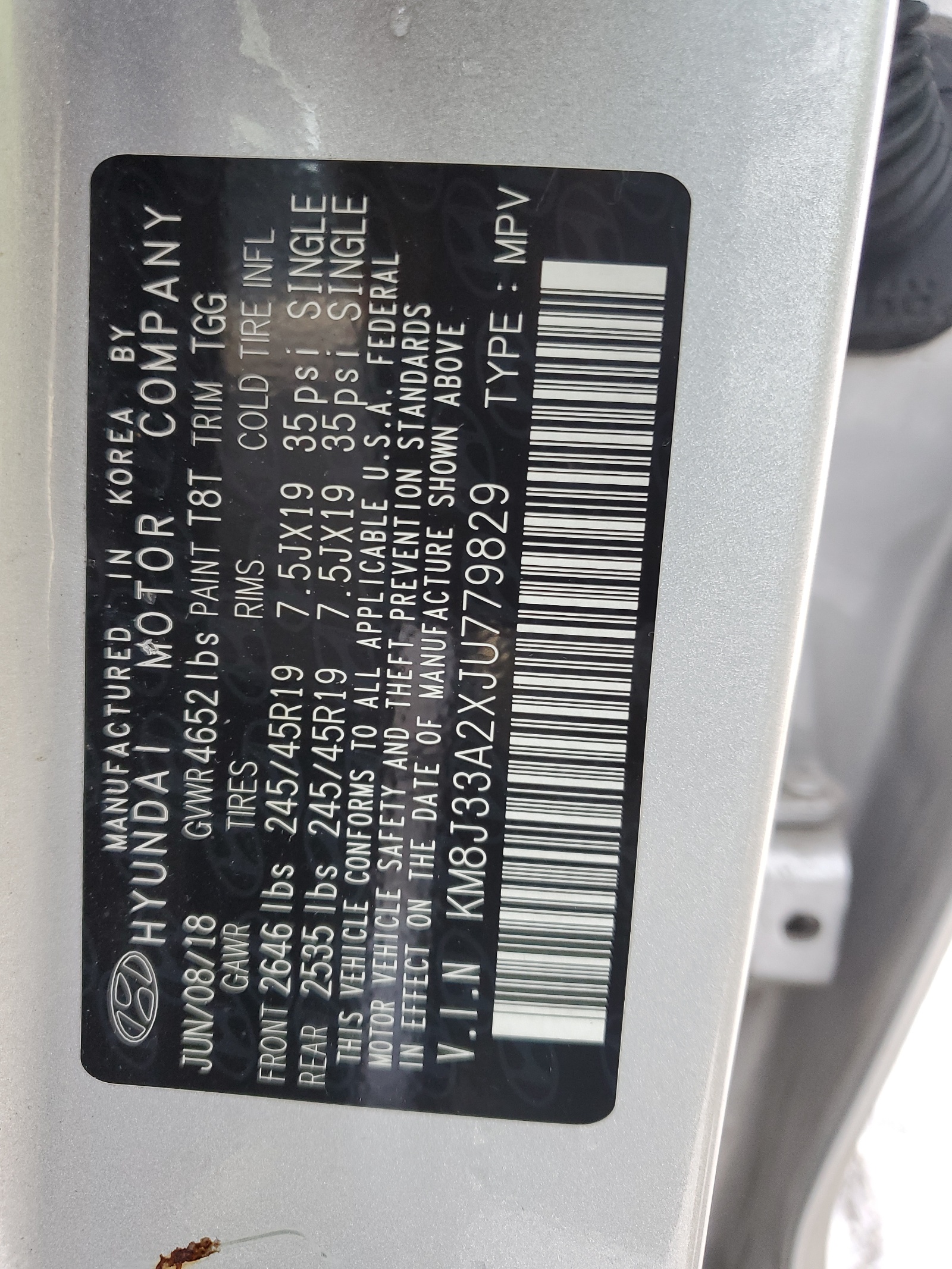 KM8J33A2XJU779829 2018 Hyundai Tucson Value