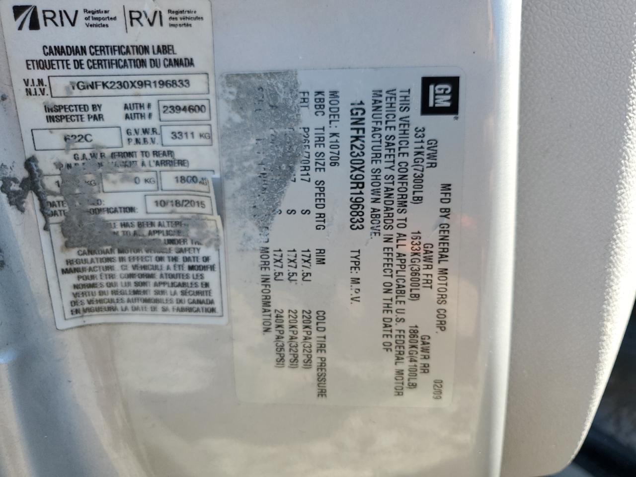 2009 Chevrolet Tahoe K1500 Lt VIN: 1GNFK230X9R196833 Lot: 62487454