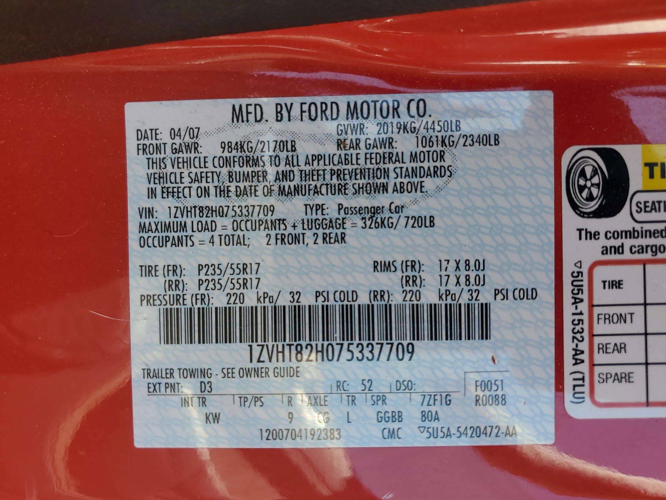 1ZVHT82H075337709 2007 Ford Mustang Gt