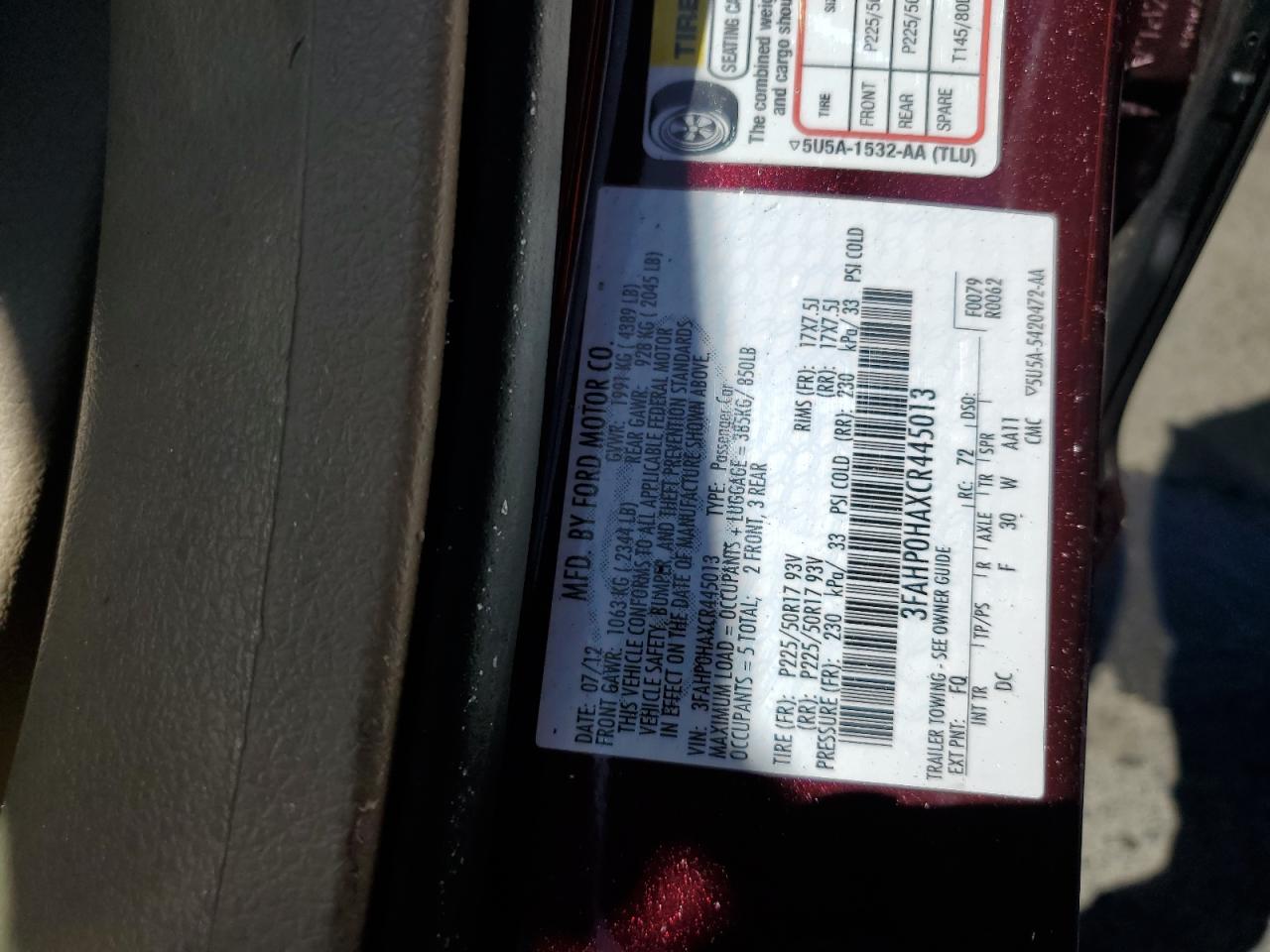 2012 Ford Fusion Se VIN: 3FAHP0HAXCR445013 Lot: 61081934