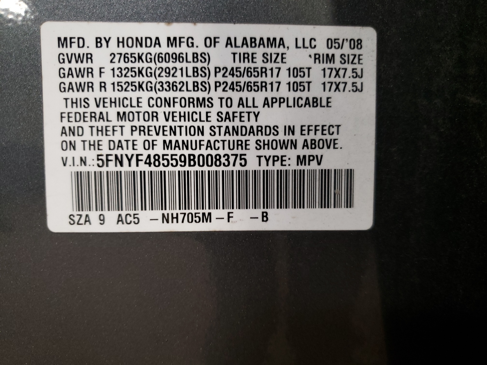 5FNYF48559B008375 2009 Honda Pilot Exl