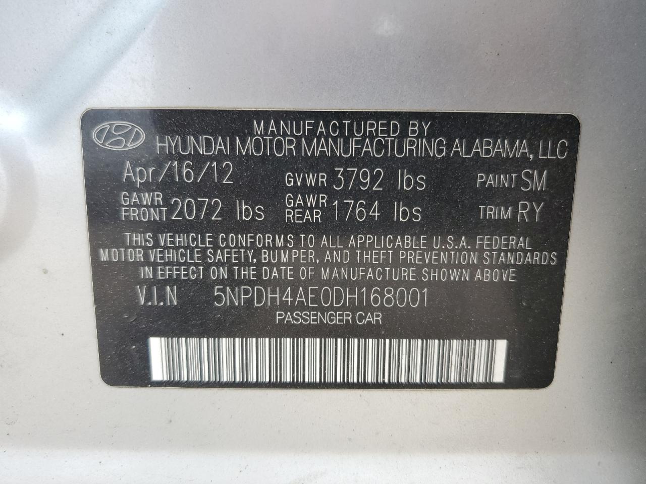 2013 Hyundai Elantra Gls VIN: 5NPDH4AE0DH168001 Lot: 64051084