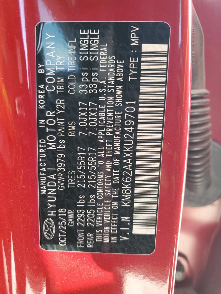 2019 Hyundai Kona Sel VIN: KM8K62AAXKU249701 Lot: 63821714