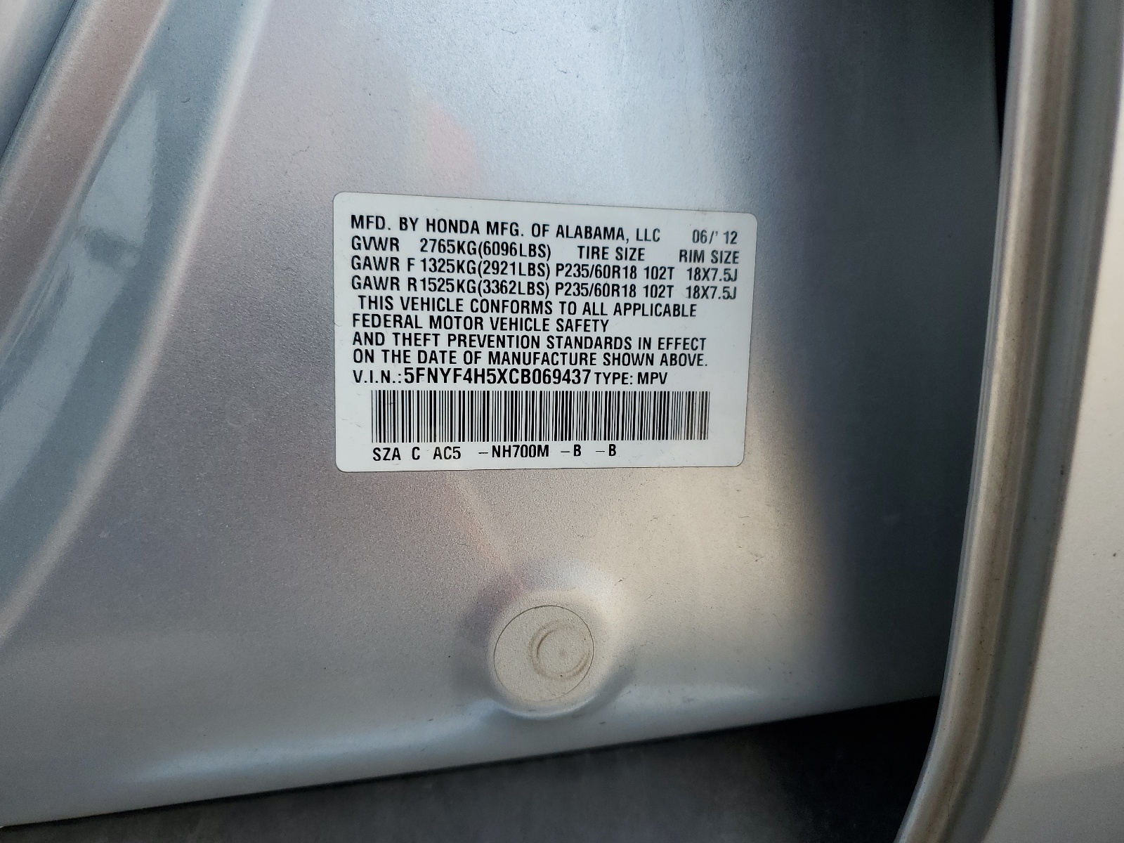 5FNYF4H5XCB069437 2012 Honda Pilot Exl