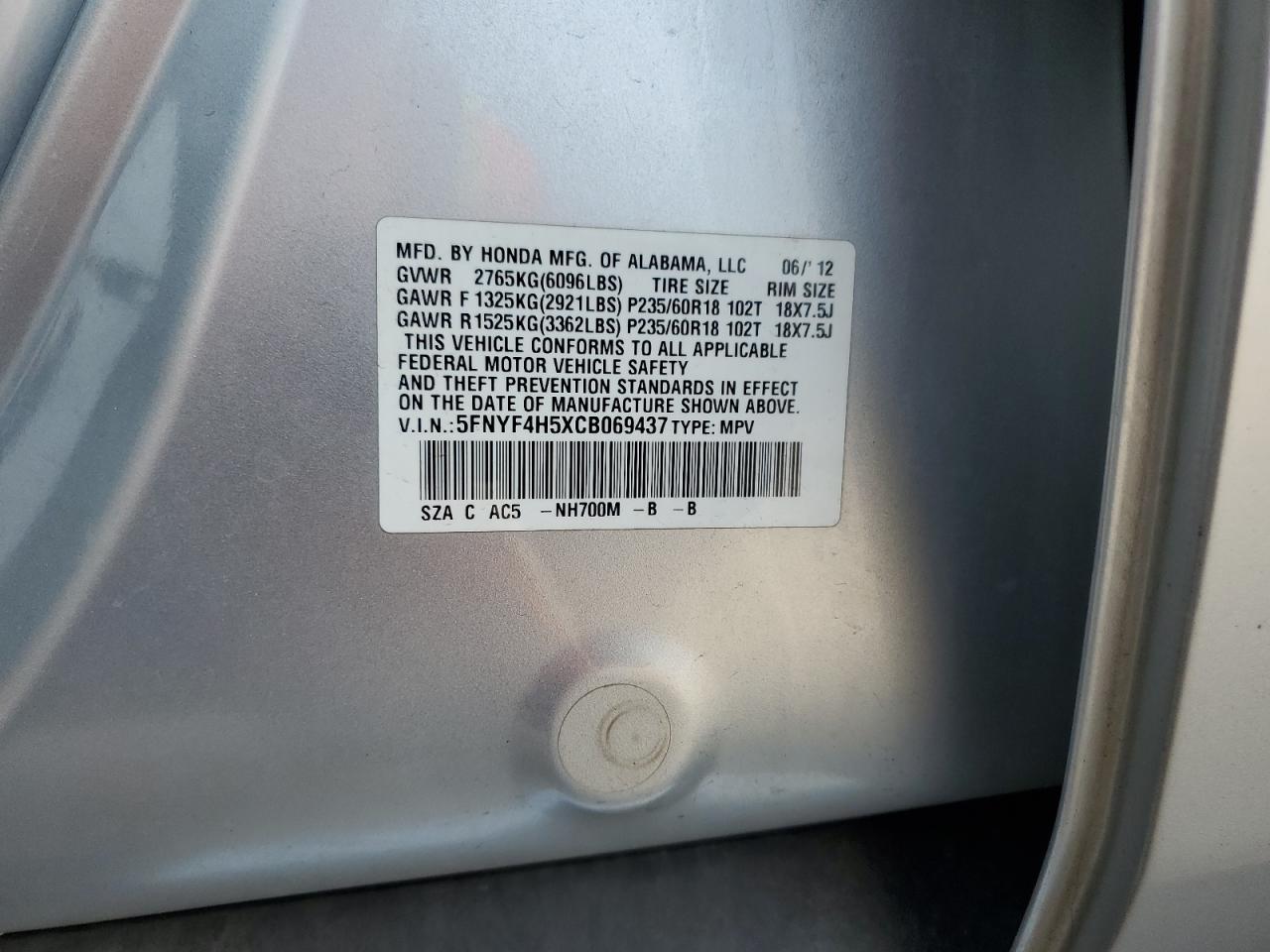 2012 Honda Pilot Exl VIN: 5FNYF4H5XCB069437 Lot: 62892554