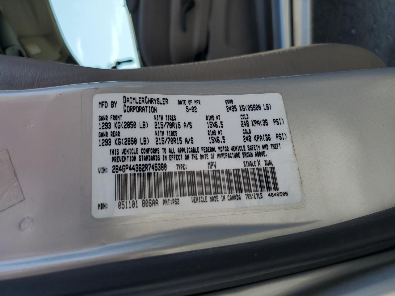 2002 Dodge Grand Caravan Sport VIN: 2B4GP44362R745380 Lot: 63840984