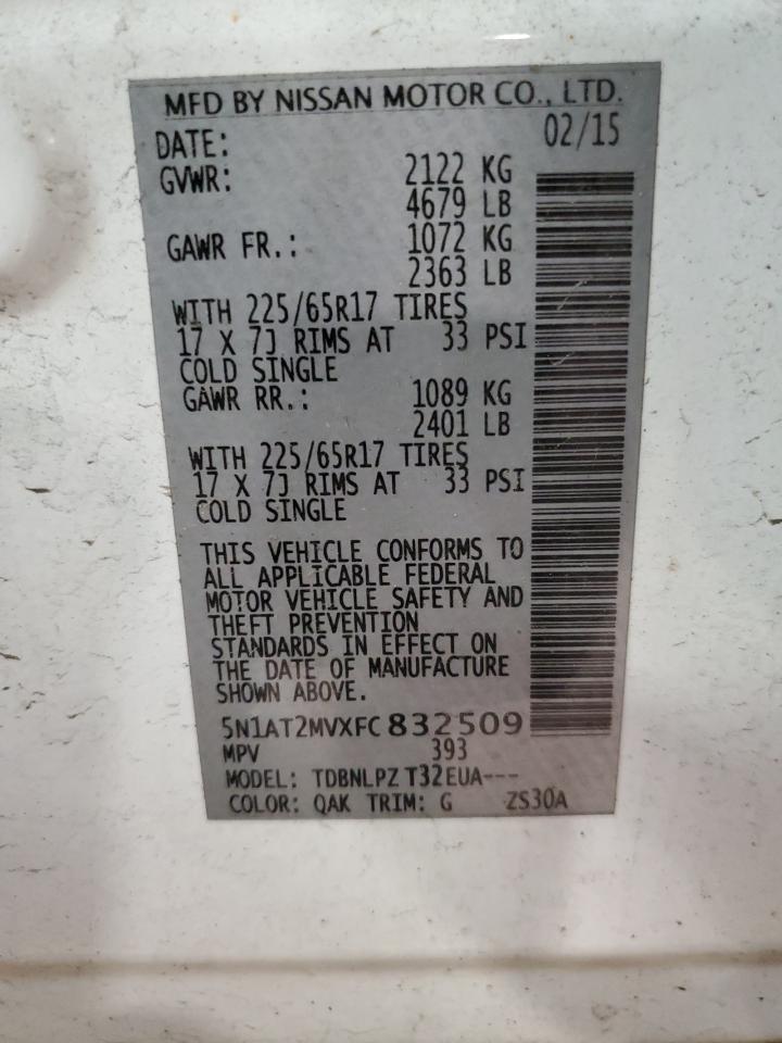 2015 Nissan Rogue S VIN: 5N1AT2MVXFC832509 Lot: 64631444