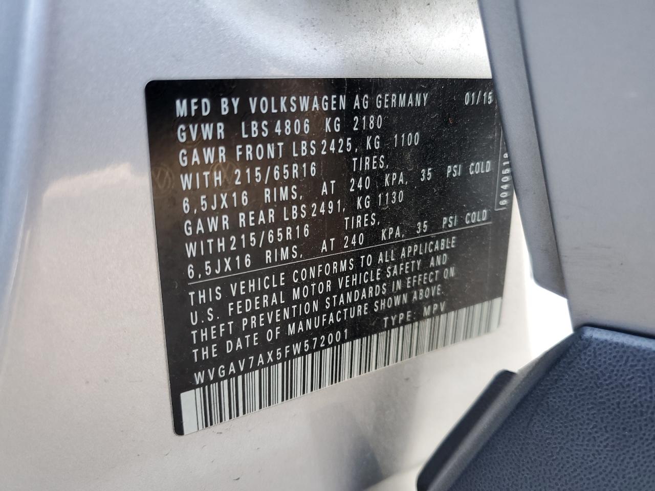 2015 Volkswagen Tiguan S VIN: WVGAV7AX5FW572001 Lot: 64941264