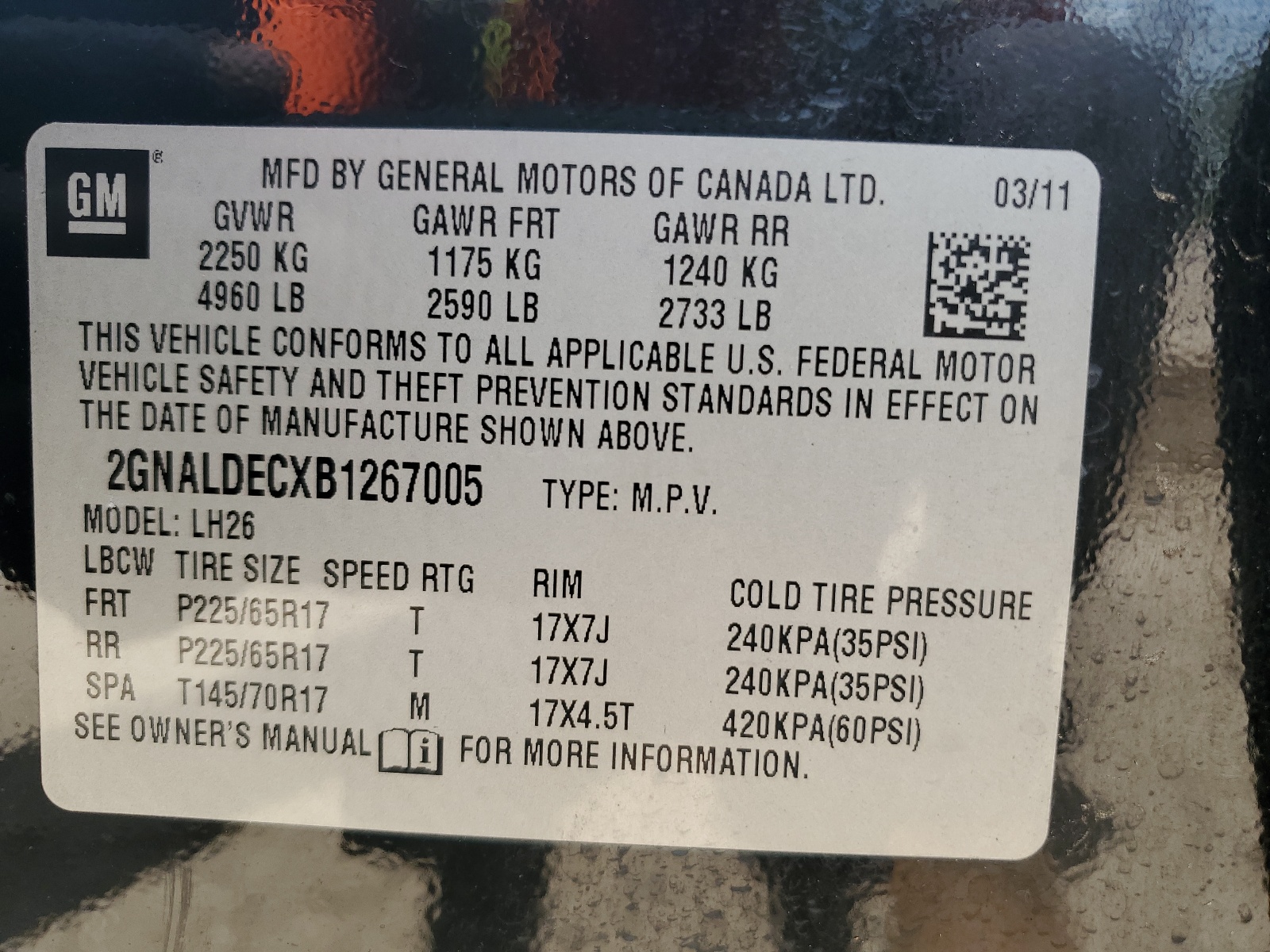 2GNALDECXB1267005 2011 Chevrolet Equinox Lt