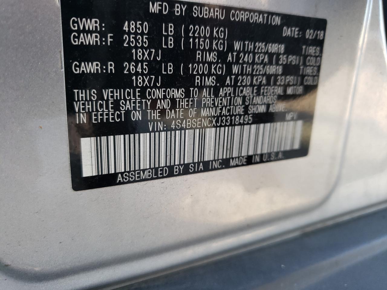 2018 Subaru Outback 3.6R Limited VIN: 4S4BSENCXJ3318495 Lot: 63874624