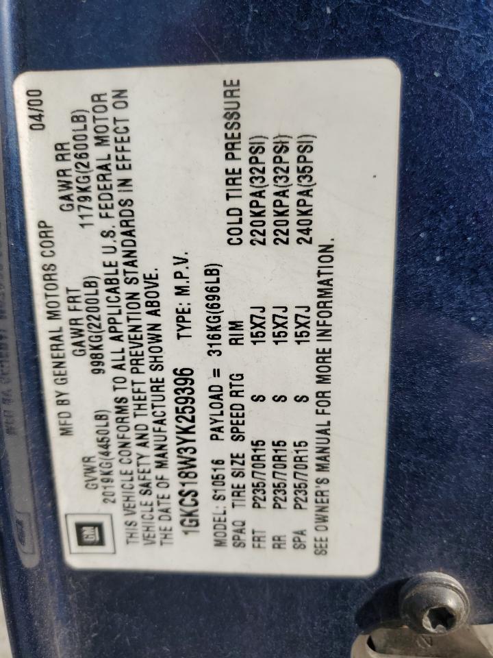 2000 GMC Jimmy VIN: 1GKCS18W3YK259396 Lot: 62938114