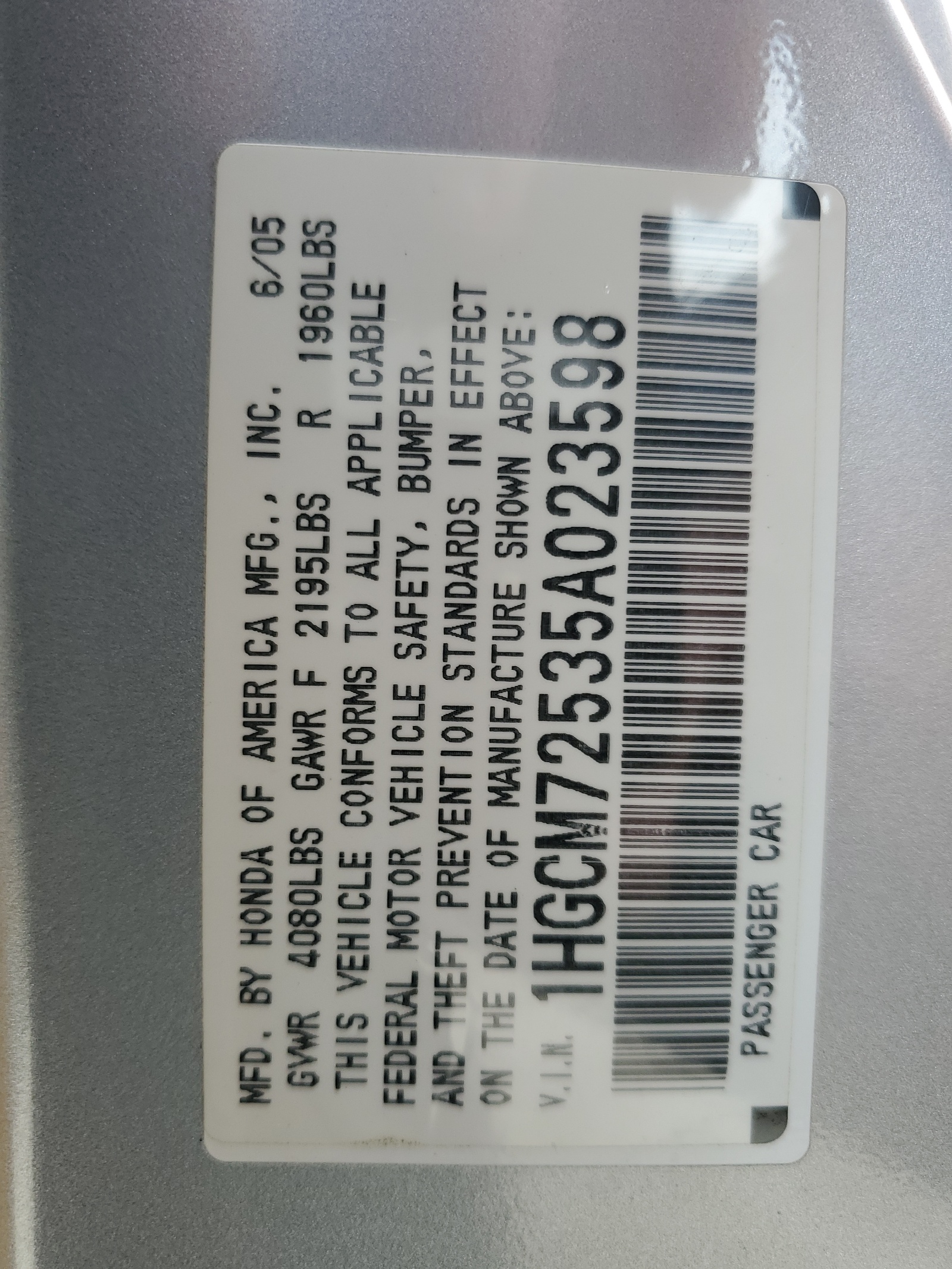 1HGCM72535A023598 2005 Honda Accord Lx