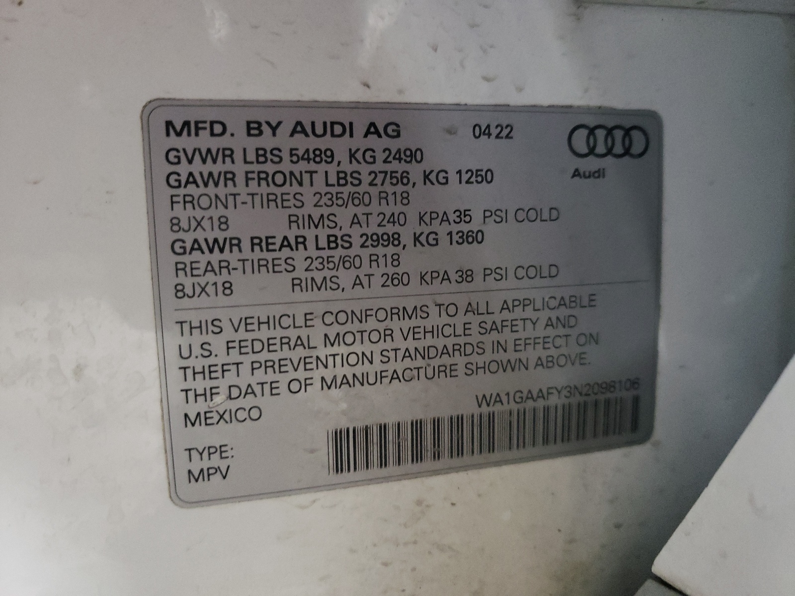 WA1GAAFY3N2098106 2022 Audi Q5 Premium 45