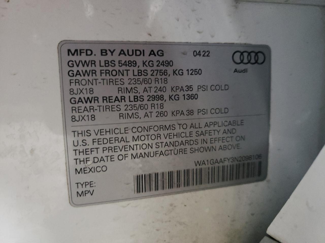 2022 Audi Q5 Premium 45 VIN: WA1GAAFY3N2098106 Lot: 64156374