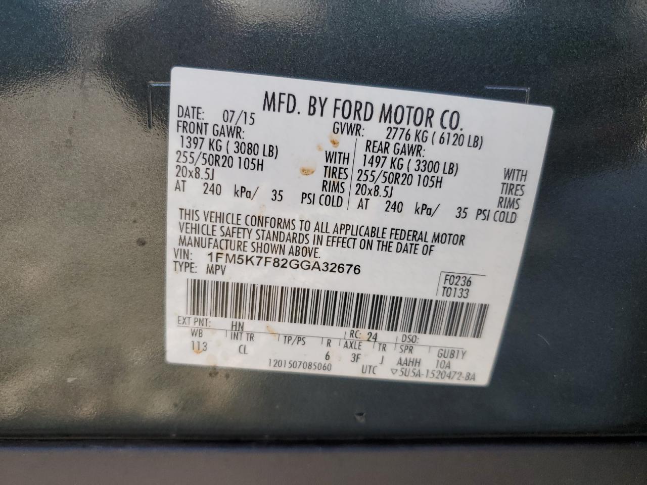 2016 Ford Explorer Limited VIN: 1FM5K7F82GGA32676 Lot: 64833754