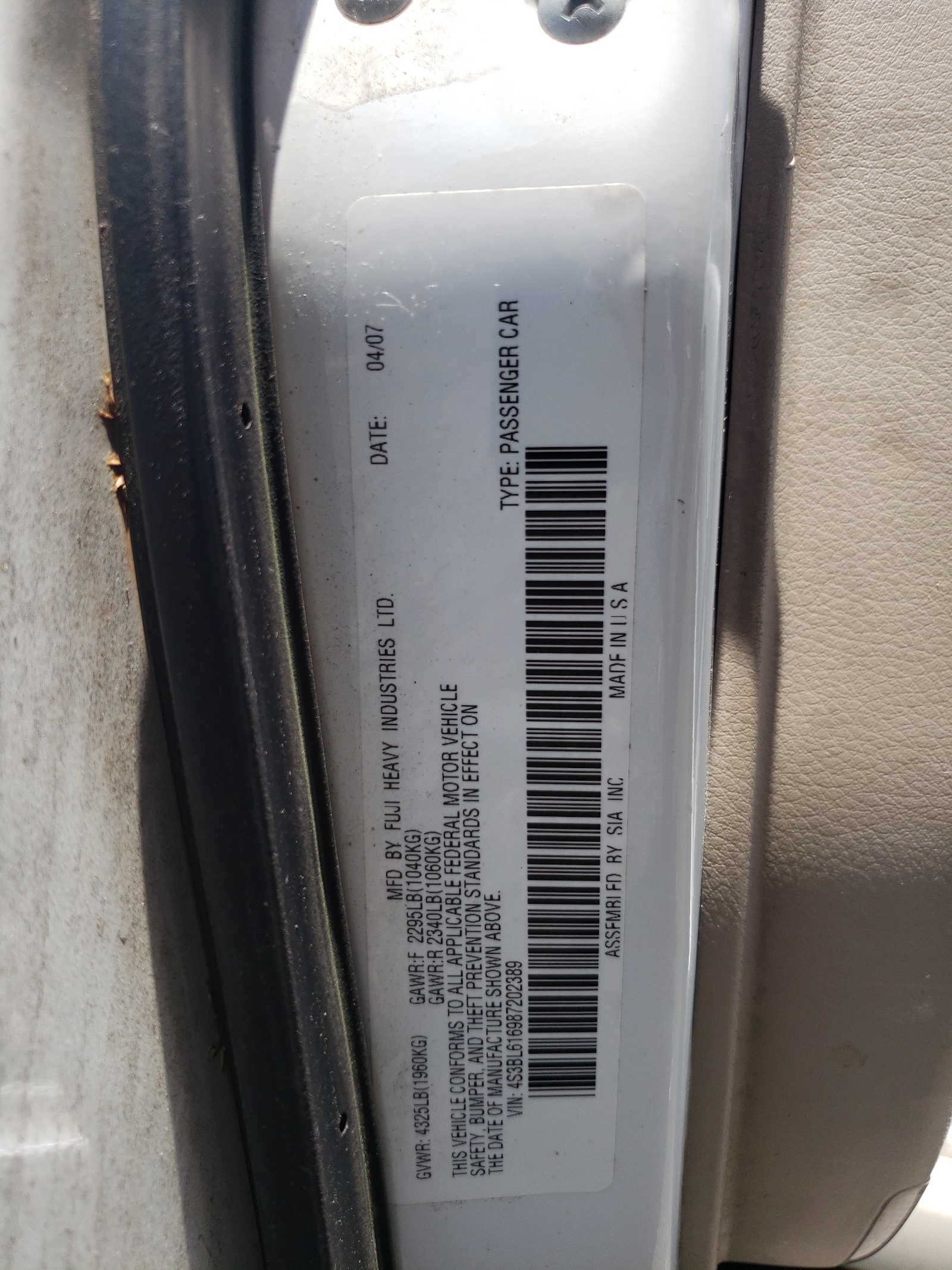 4S3BL616987202389 2008 Subaru Legacy 2.5I