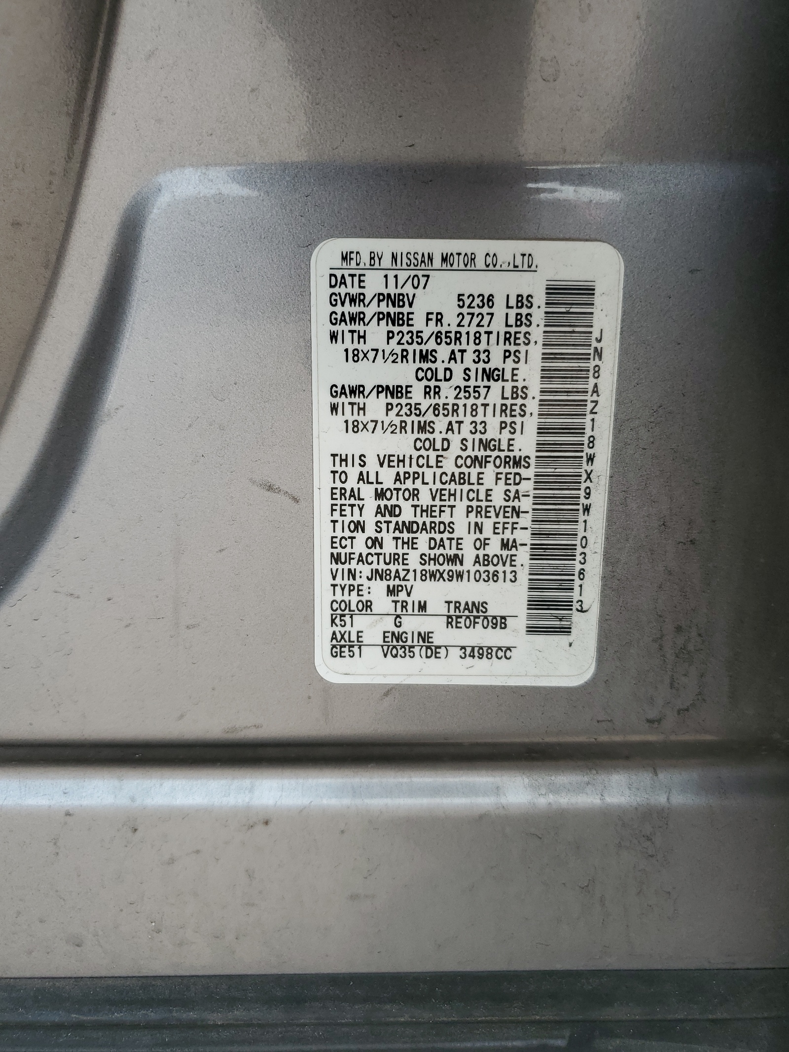 JN8AZ18WX9W103613 2009 Nissan Murano S