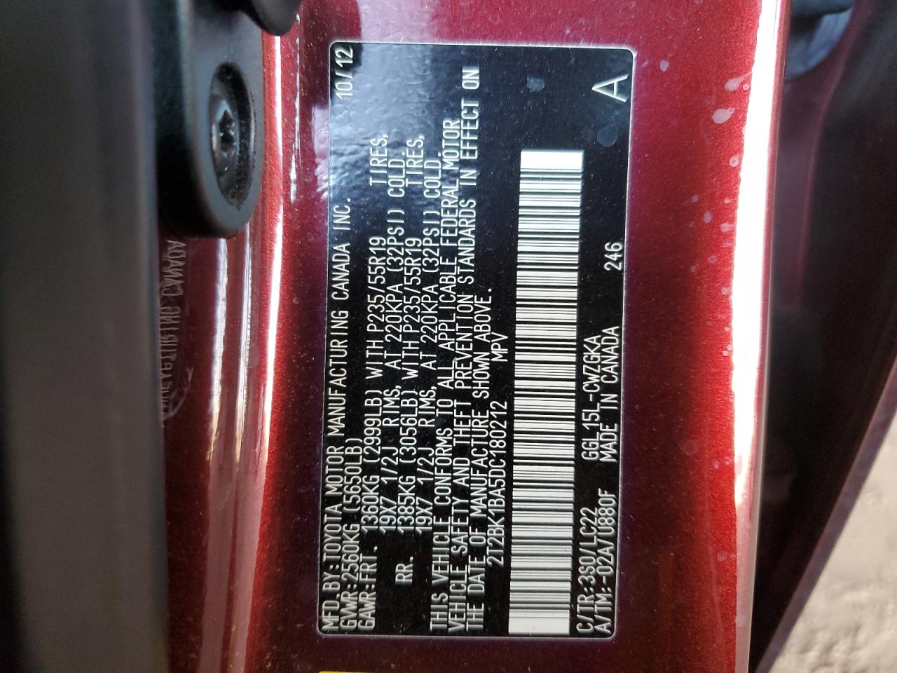 2013 Lexus Rx 350 Base VIN: 2T2BK1BA5DC180212 Lot: 63924804