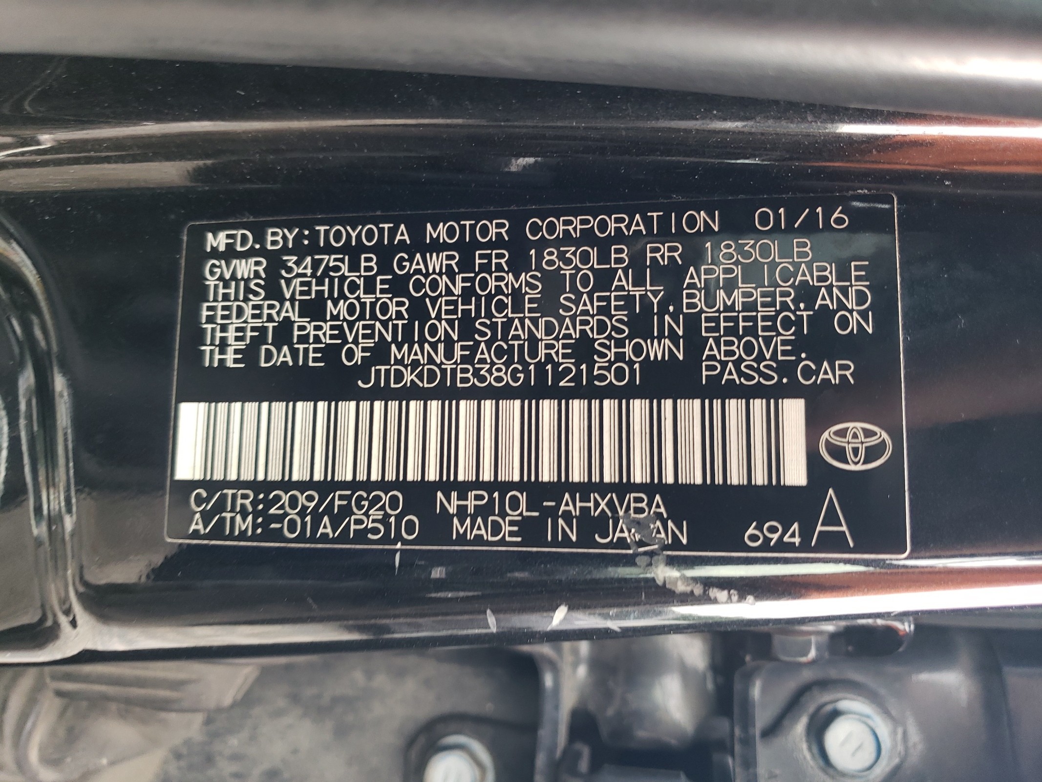 JTDKDTB38G1121501 2016 Toyota Prius C