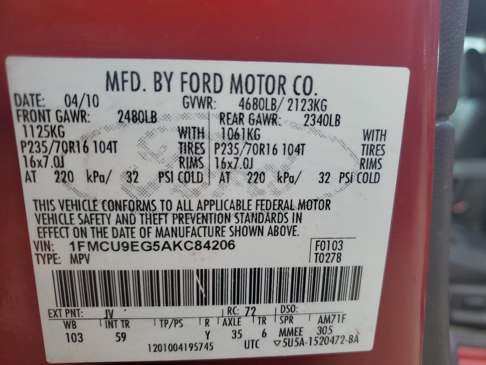 1FMCU9EG5AKC84206 2010 Ford Escape Limited