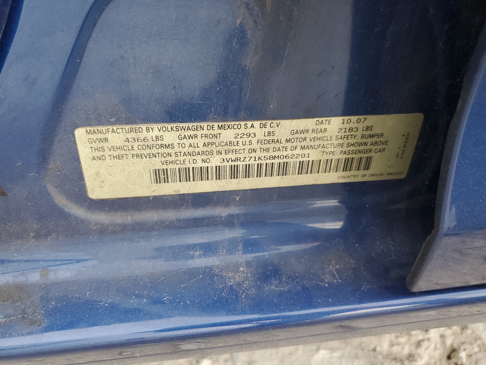 3VWRZ71K58M062201 2008 Volkswagen Jetta Se