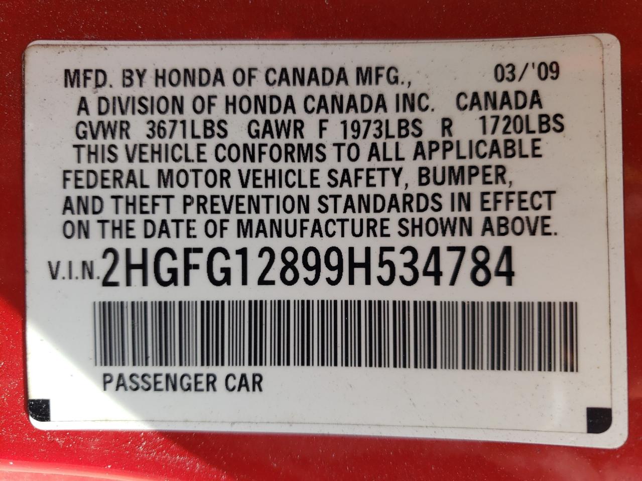 2HGFG12899H534784 2009 Honda Civic Ex