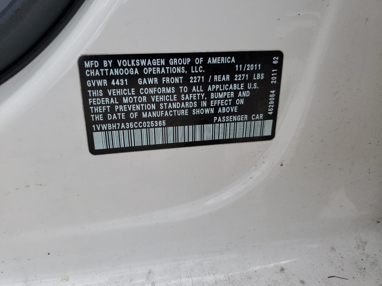 2012 Volkswagen Passat Se VIN: 1VWBH7A35CC025365 Lot: 61882114