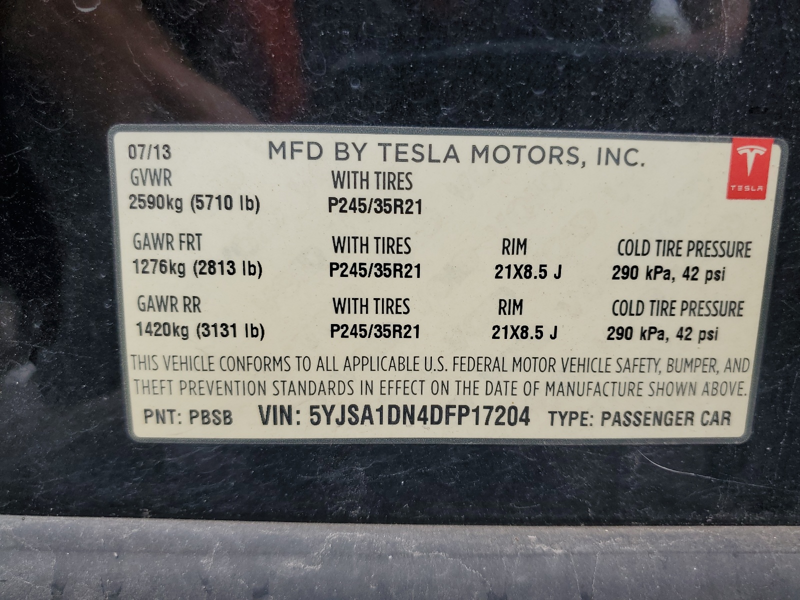 5YJSA1DN4DFP17204 2013 Tesla Model S