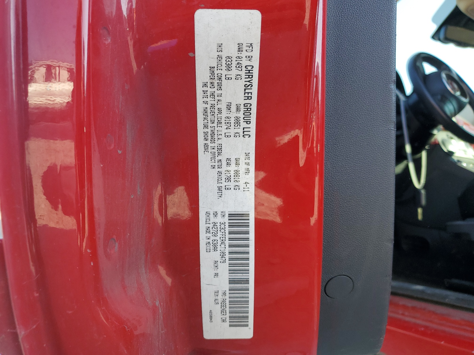 3C3CFFER4CT109479 2012 Fiat 500 Lounge