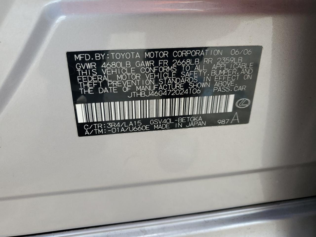 2007 Lexus Es 350 VIN: JTHBJ46G472024106 Lot: 65193904