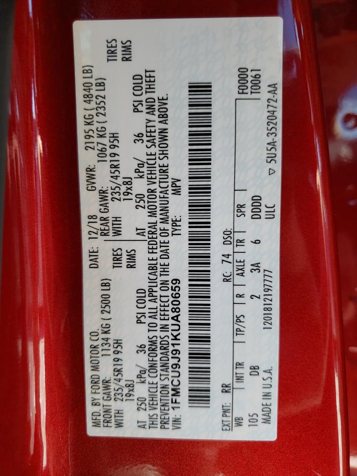 2019 Ford Escape Titanium VIN: 1FMCU9J91KUA80659 Lot: 61902804