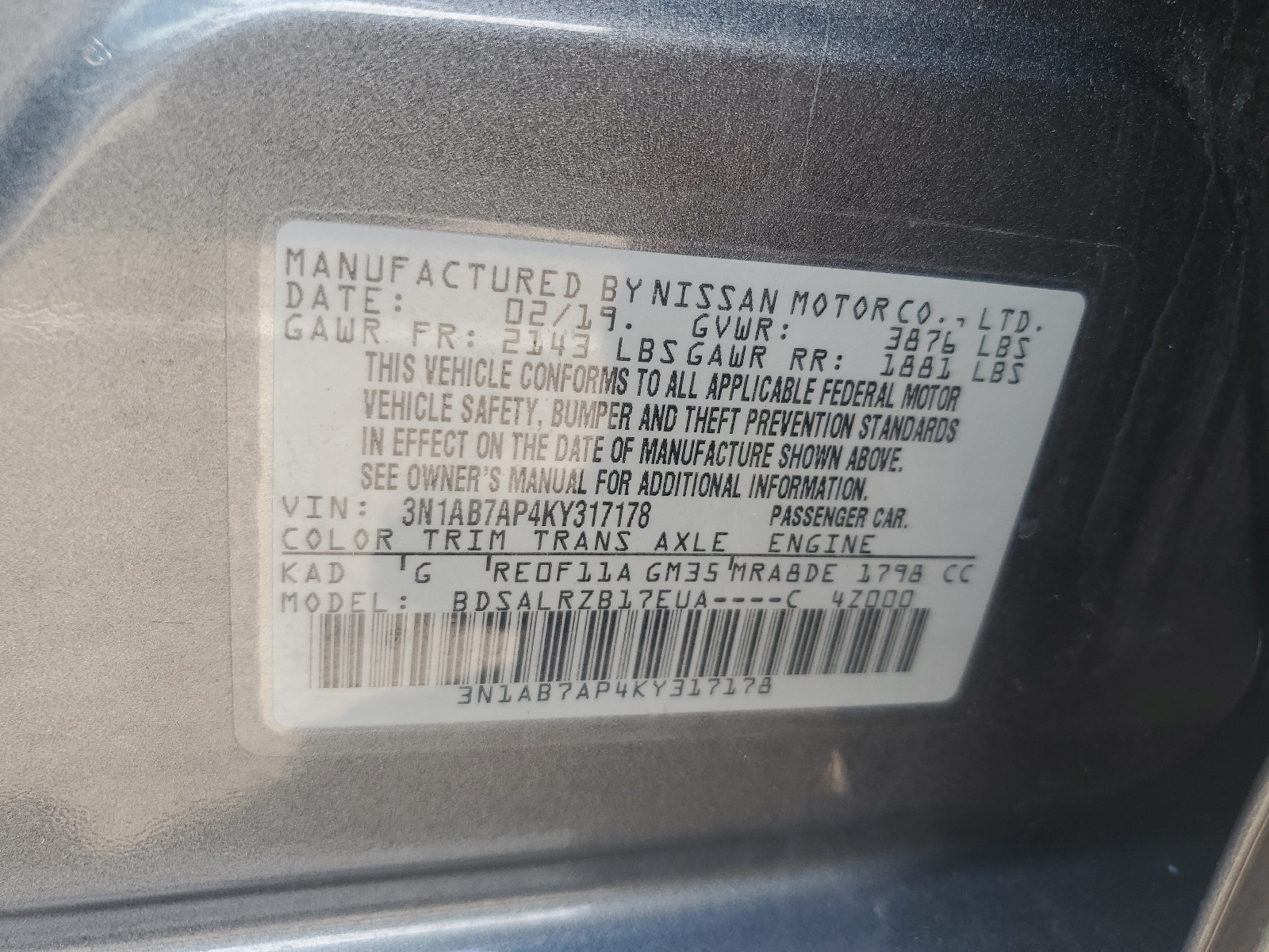 3N1AB7AP4KY317178 2019 Nissan Sentra S