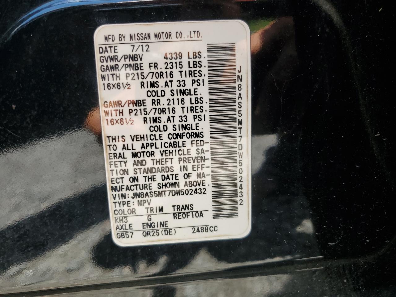 2013 Nissan Rogue S VIN: JN8AS5MT7DW502432 Lot: 63431924