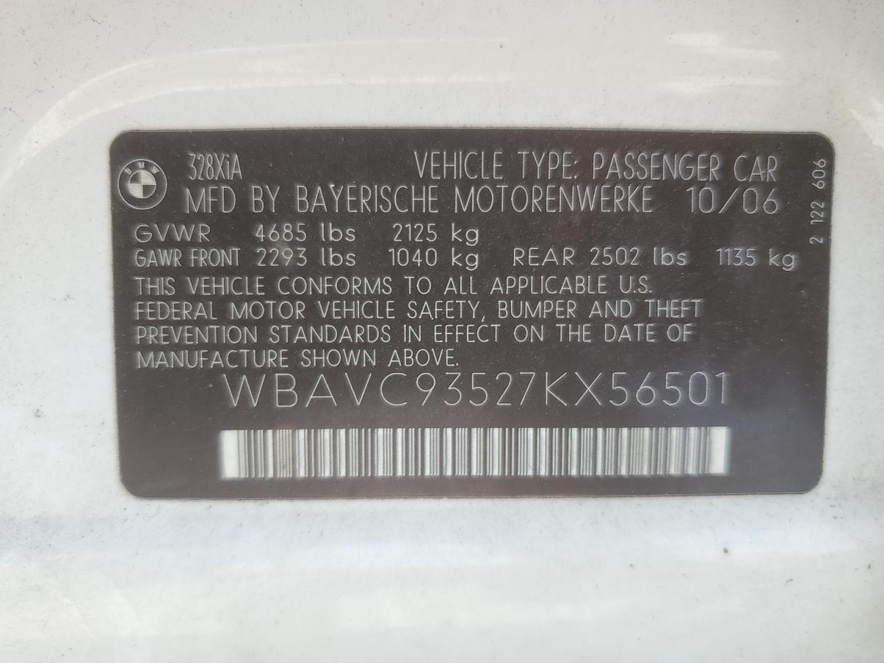 2007 BMW 328 Xi VIN: WBAVC93527KX56501 Lot: 64776754