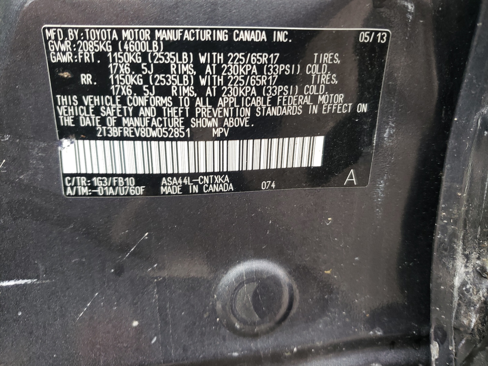 2T3BFREV8DW052851 2013 Toyota Rav4 Le