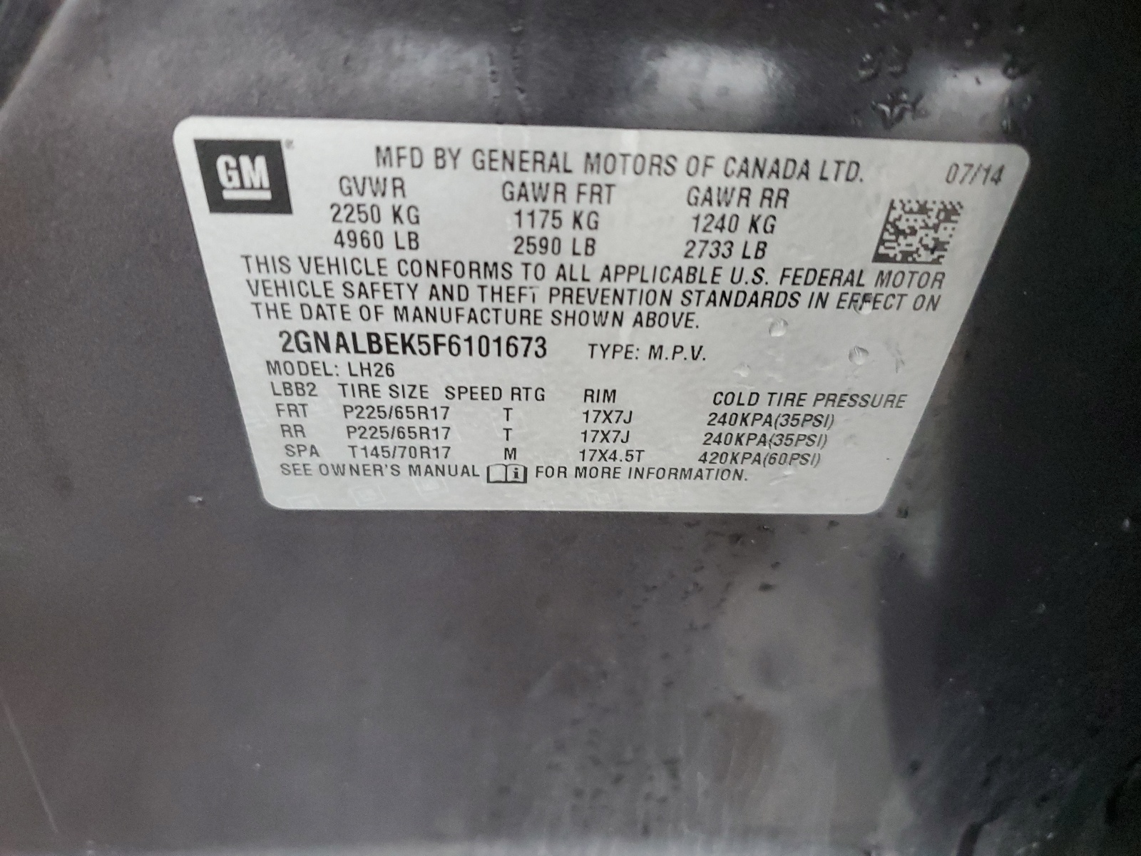 2GNALBEK5F6101673 2015 Chevrolet Equinox Lt