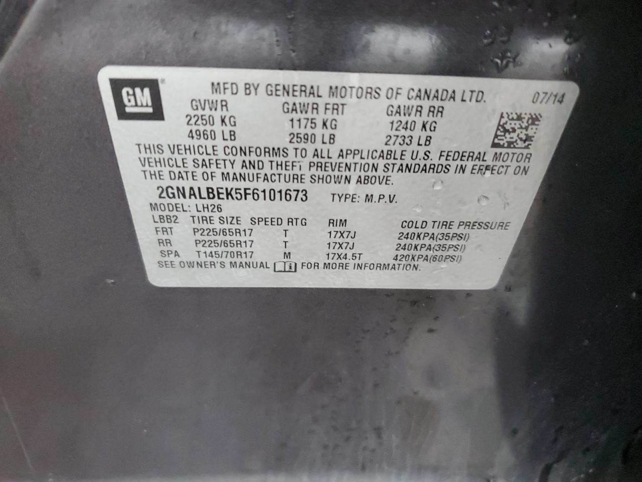 2015 Chevrolet Equinox Lt VIN: 2GNALBEK5F6101673 Lot: 62727684