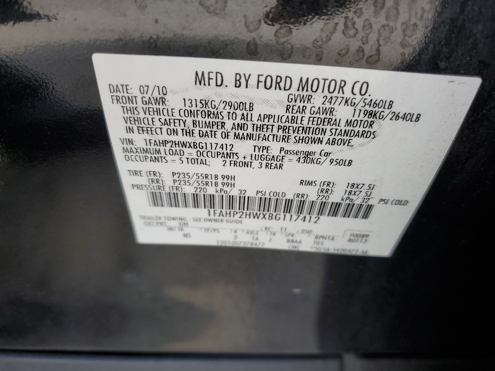 1FAHP2HWXBG117412 2011 Ford Taurus Sel