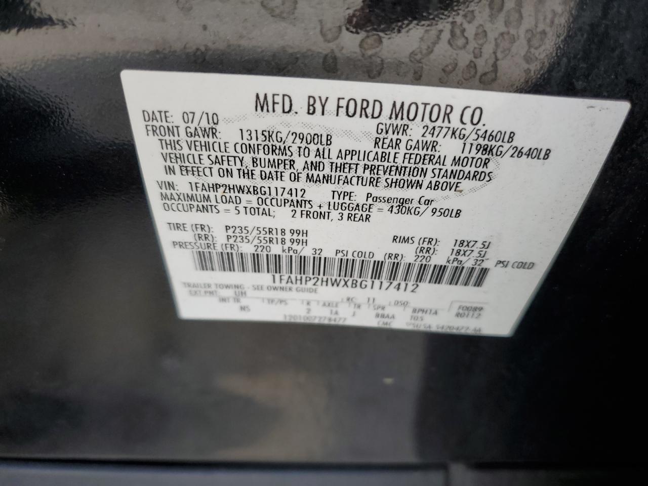 2011 Ford Taurus Sel VIN: 1FAHP2HWXBG117412 Lot: 64965574