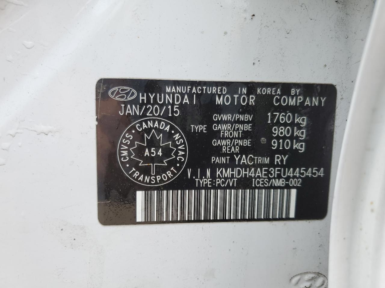 2015 Hyundai Elantra Se VIN: KMHDH4AE3FU445454 Lot: 65037574