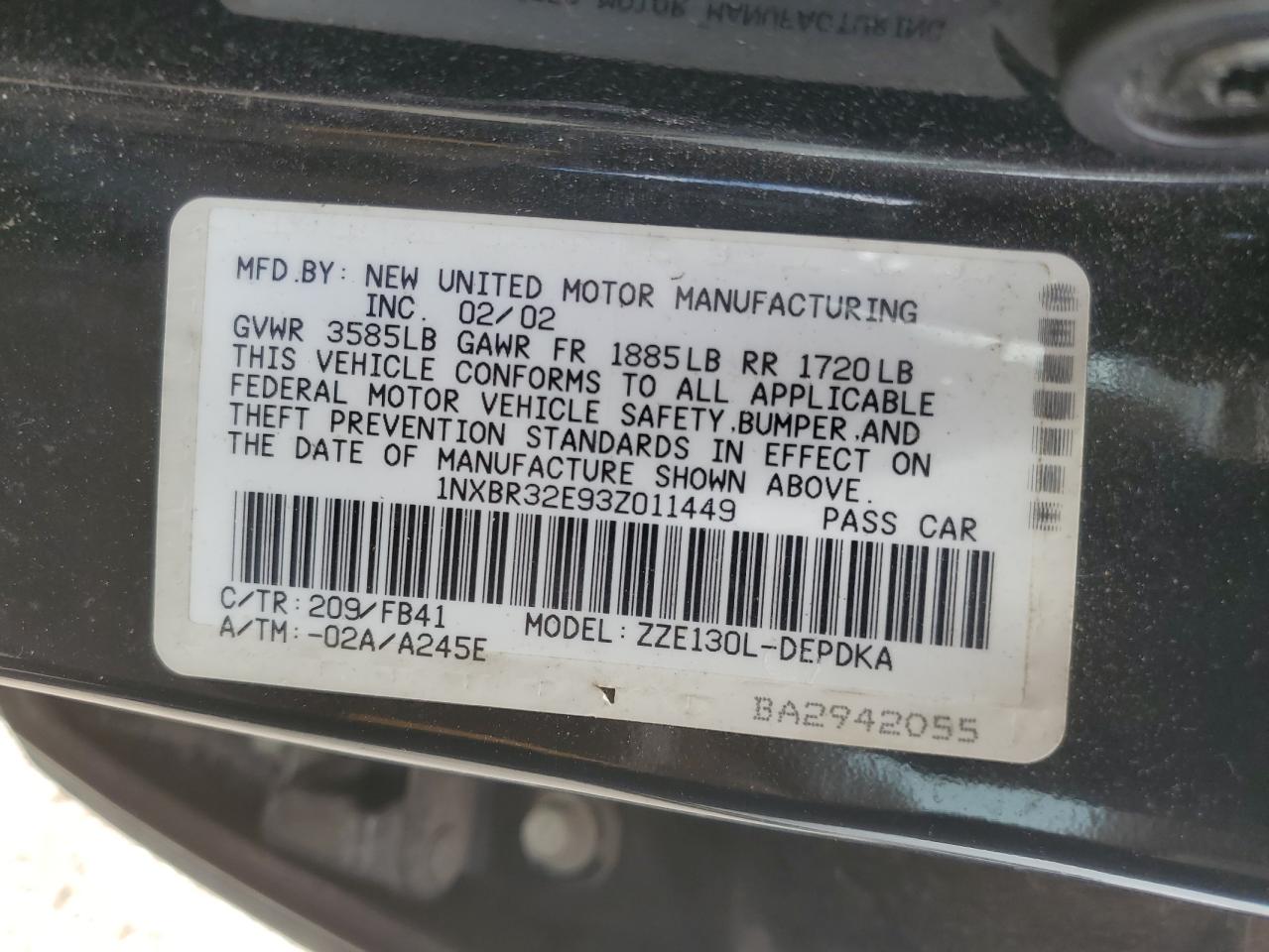 2003 Toyota Corolla Ce VIN: 1NXBR32E93Z011449 Lot: 65033534