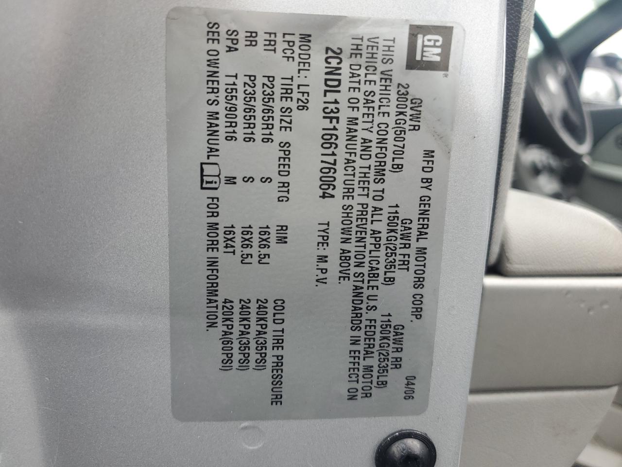 2006 Chevrolet Equinox Ls VIN: 2CNDL13F166176064 Lot: 64218324