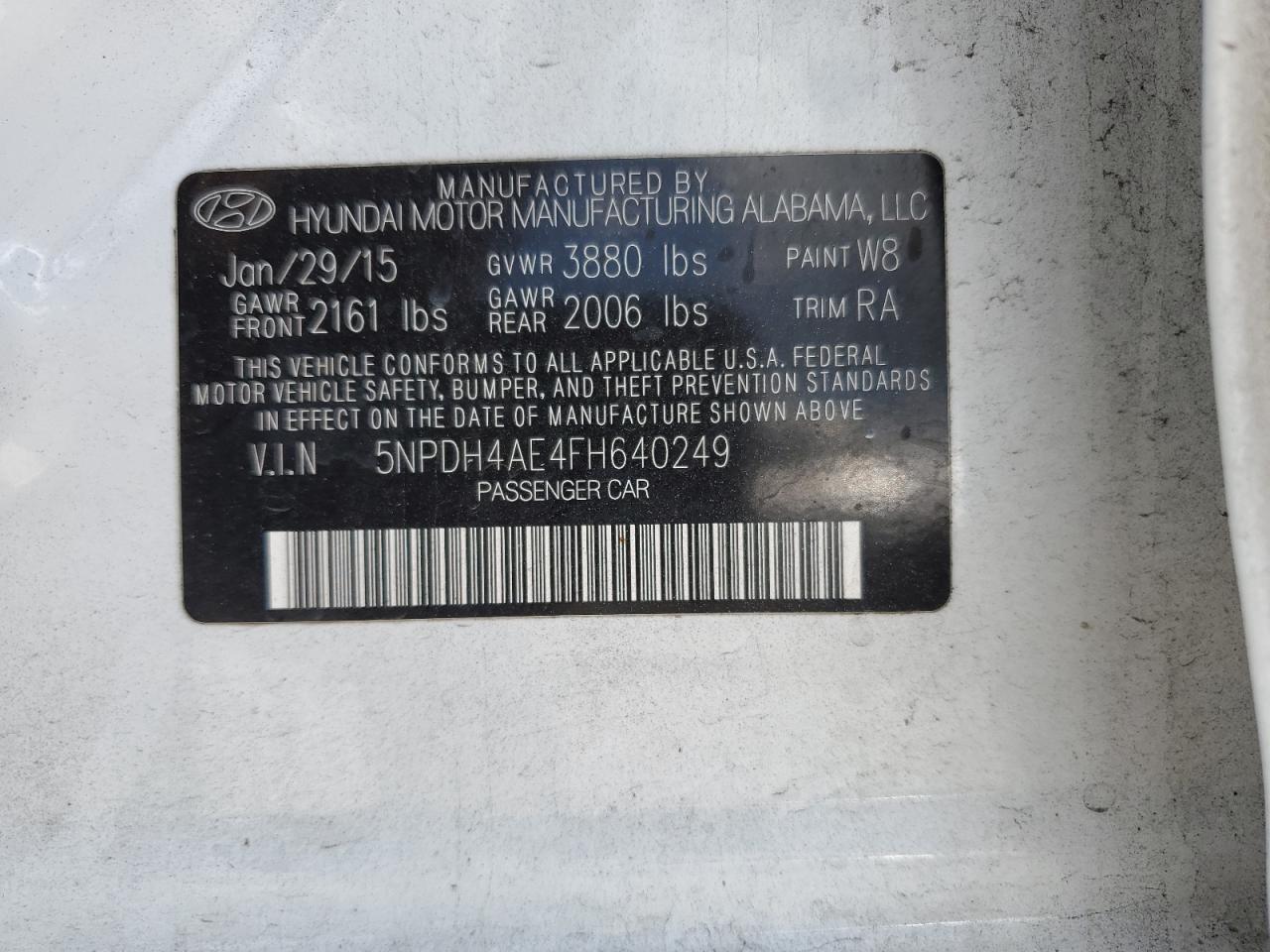 2015 Hyundai Elantra Se VIN: 5NPDH4AE4FH640249 Lot: 63018944