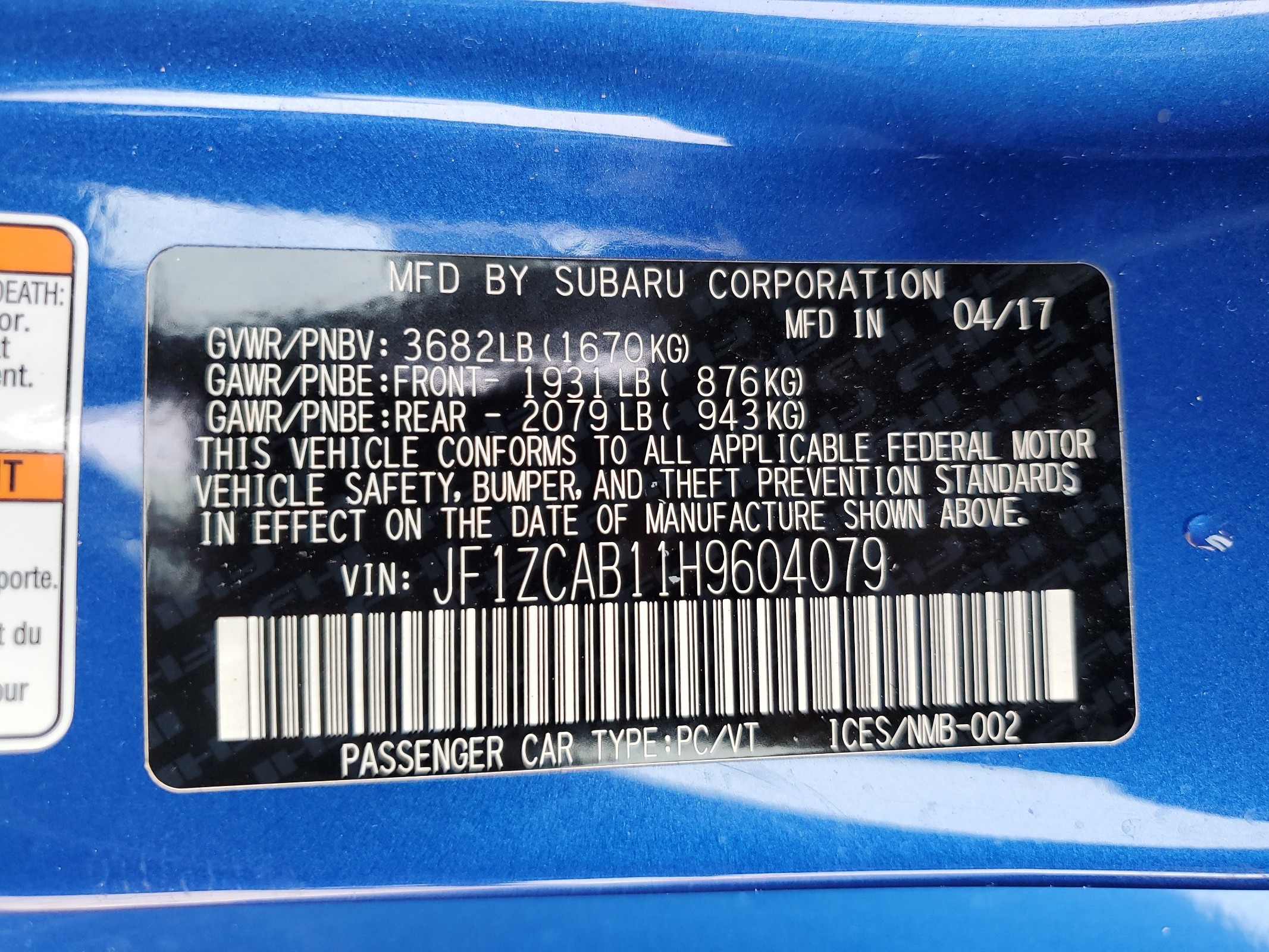 JF1ZCAB11H9604079 2017 Subaru Brz 2.0 Premium