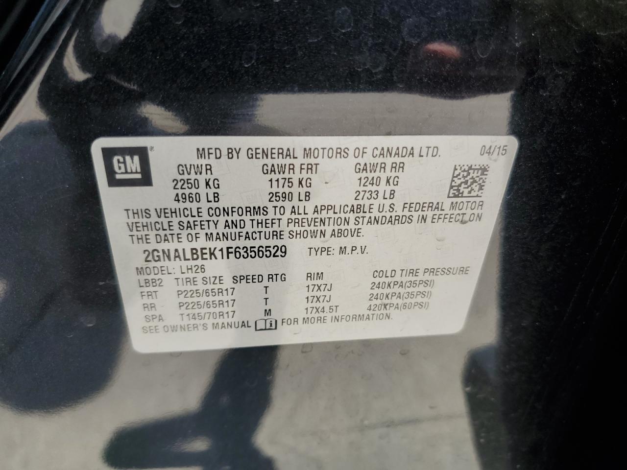 2GNALBEK1F6356529 2015 Chevrolet Equinox Lt