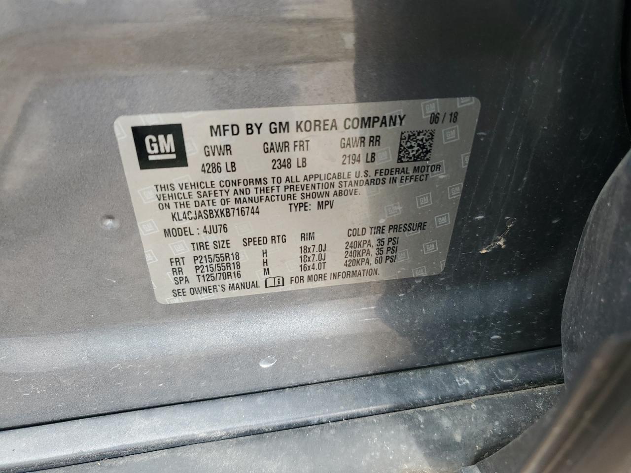 2019 Buick Encore Preferred VIN: KL4CJASBXKB716744 Lot: 62263874