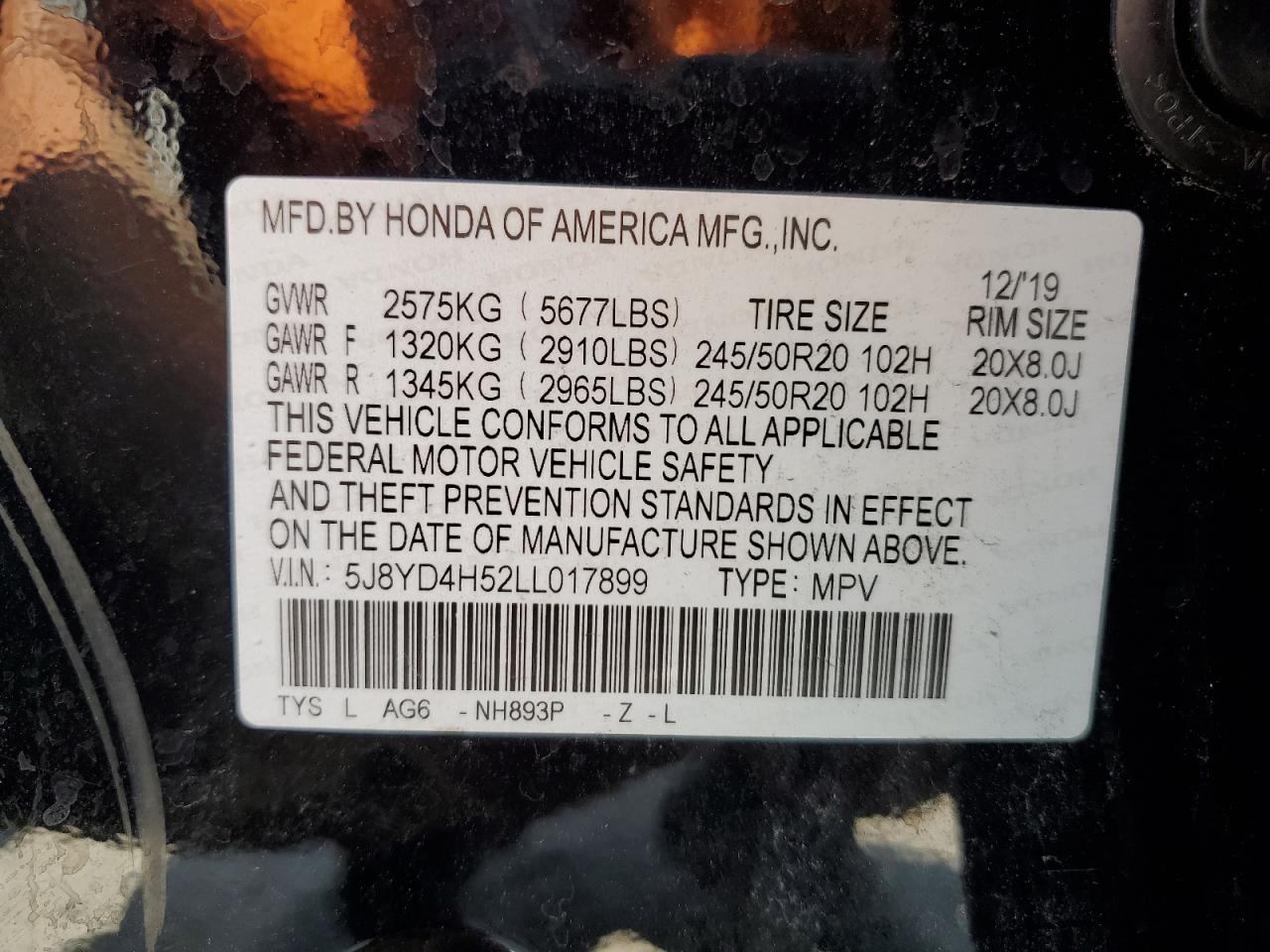 2020 Acura Mdx Technology VIN: 5J8YD4H52LL017899 Lot: 64015954