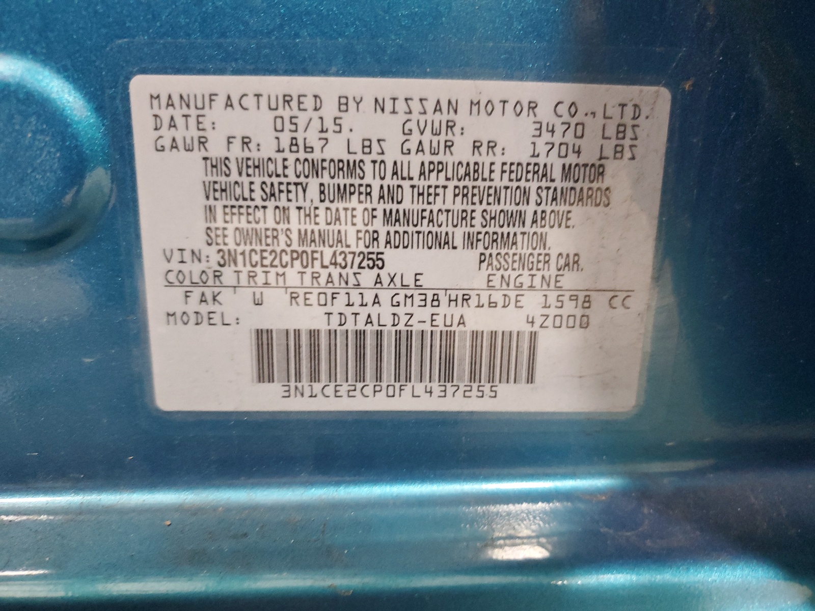 3N1CE2CP0FL437255 2015 Nissan Versa Note S