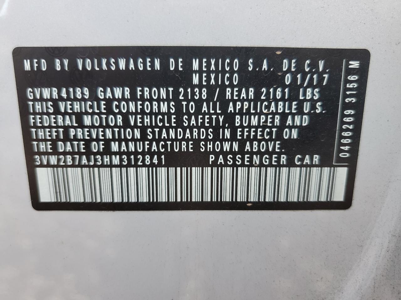 2017 Volkswagen Jetta S VIN: 3VW2B7AJ3HM312841 Lot: 63304464