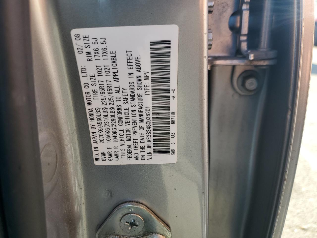 2008 Honda Cr-V Lx VIN: JHLRE38348C036201 Lot: 65417914